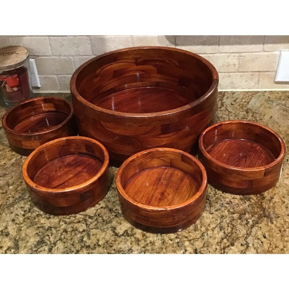 Vintage Artistic Wooden 5 Pieces Set Salad Bowls